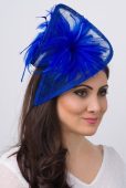 Royal Blue Fascinator – “Victoria” Twist Mesh Fascinator embellished with Fluffy Feathers on a Headband