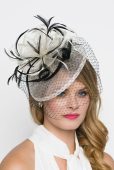 Ivory Fascinator – “Noor” Ivory & Black Fascinator Hat Headband w/Ribbon Waves a Black Birdcage Veil