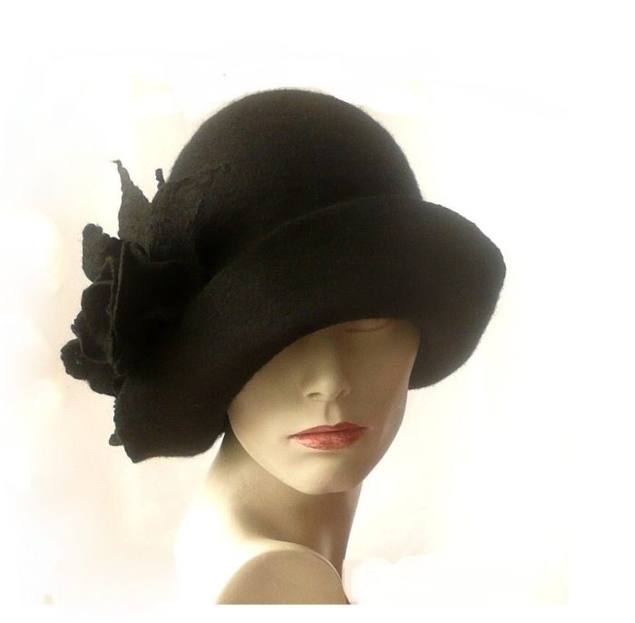 Black felt hat felt Cloche hat felted hat Hat 1920 Hat Art  Black Hat Cloche Victorian 1920’s Women’s hat roses Downton Abbey hats